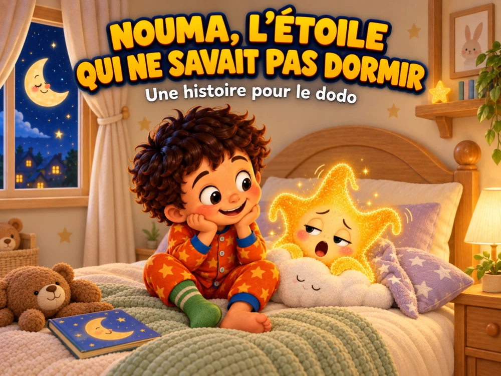 Vincent dans sa chambre, près de Nouma qui bâille, sous le ciel étoilé.